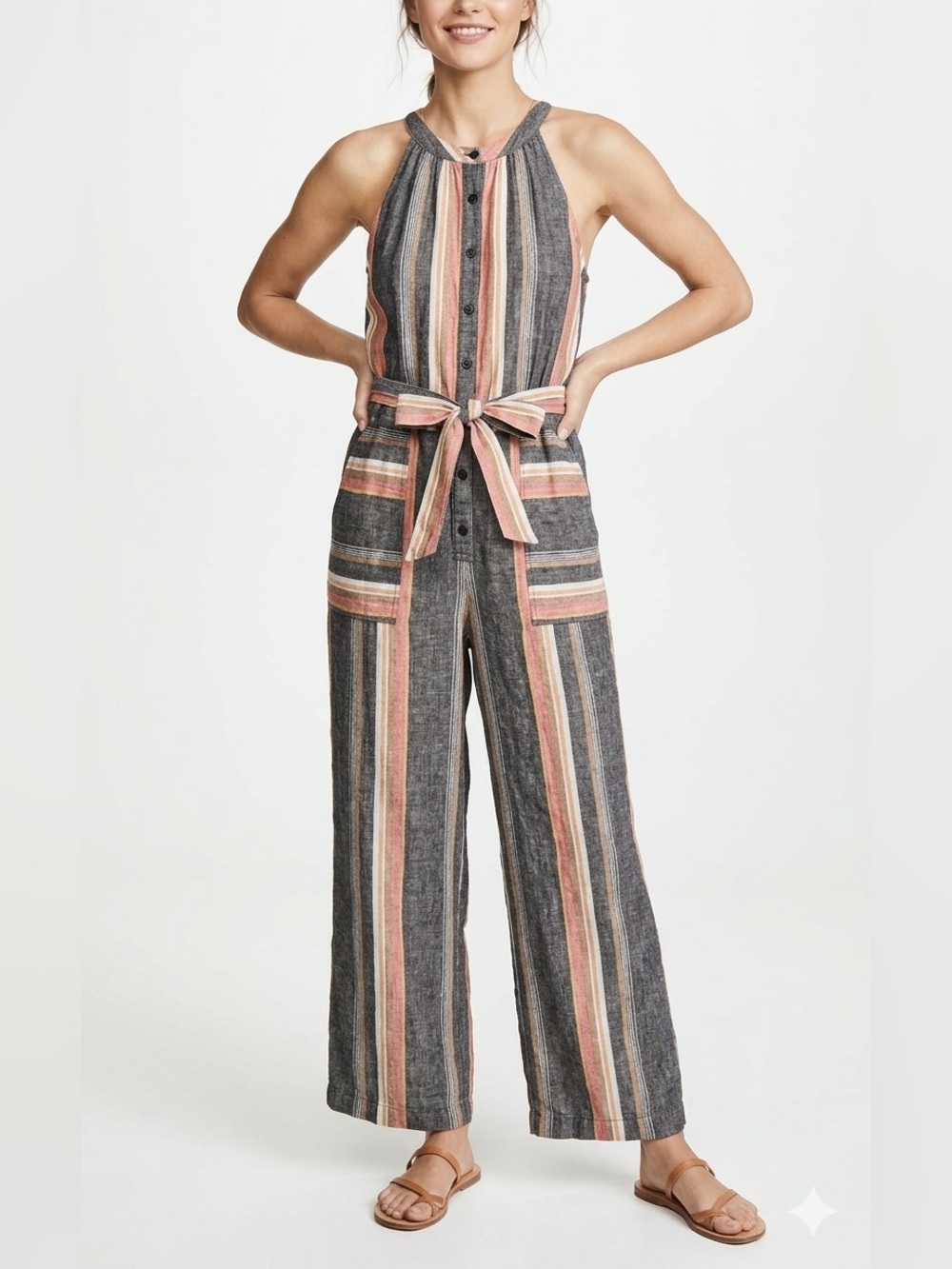 Joie Striped Halter Wide-Leg Jumpsuit 100% Linen
